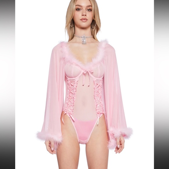 Sugar Thrillz X Dolls Kill Pink Romantic Marabou Feathers Mesh Bodysuit NWOT M - Picture 5 of 16